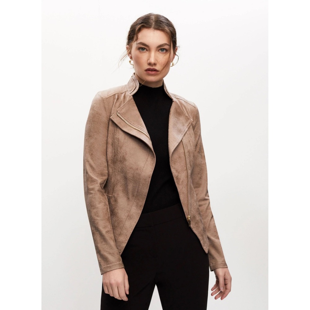 Joseph Ribkoff Military Jacket L Taupe Faux Suede Moto Zip NWT